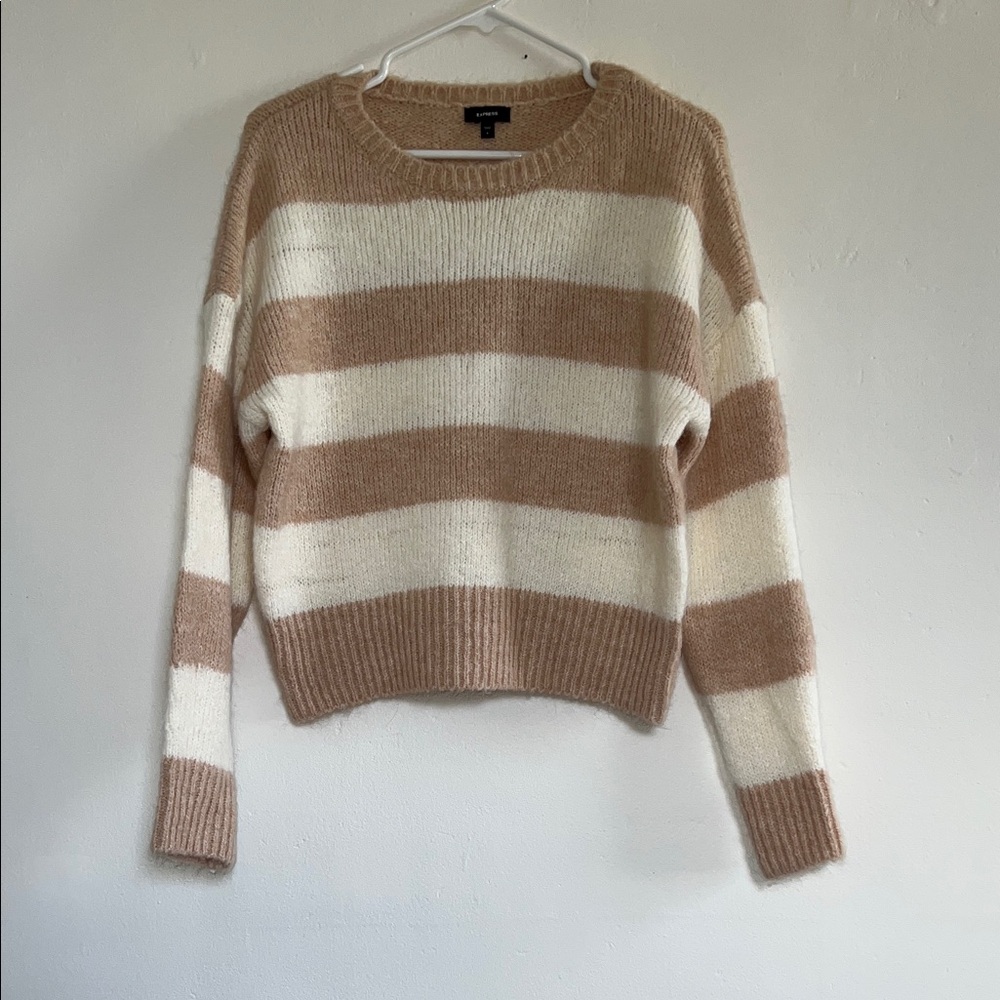 Express Women's Tan and Cream Striped Sweater